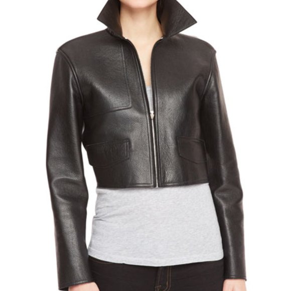 Alexander Wang Jackets & Blazers - Alexander Wang Leather-Front Knit-Back Cropped Moto Jacket, Black/Gray